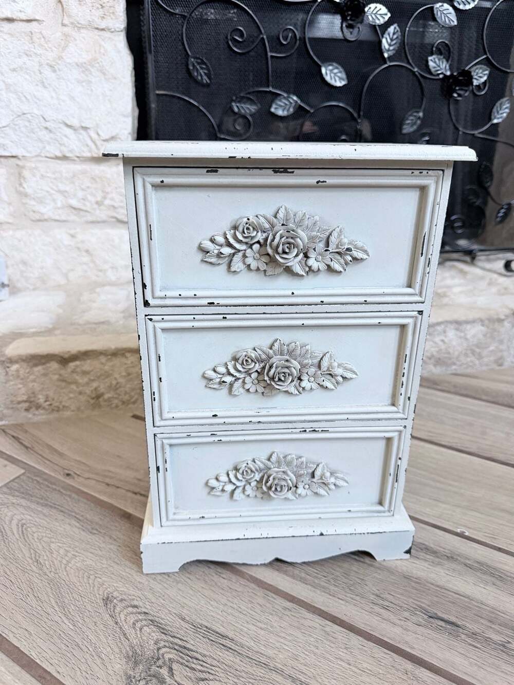 Vintage Shabby Chic Distressed White Mini 3-Drawer Chest Floral Carved Accents